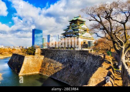 Modern and historic towers of architecture from different ages in Osaka city , Japan. Stock Photo