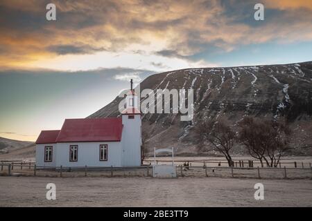 Beautiful small red church in northern Iceland Stock Photo