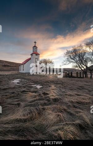 Beautiful small red church in northern Iceland Stock Photo