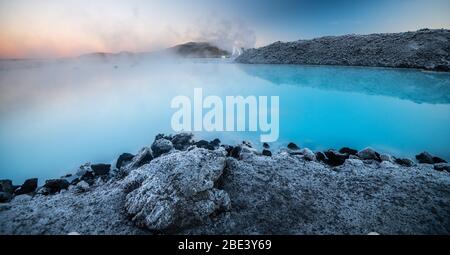 Beautiful landscape and sunset near Blue lagoon hot spring spa in Iceland Stock Photo