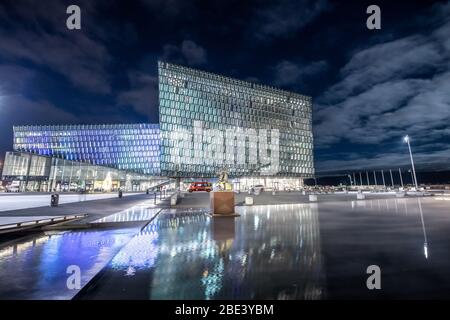 Harpa Concert Hall and Conference Centre at Night, Reykjavik, iceland Stock Photo