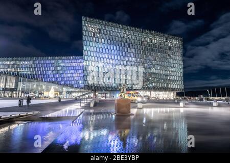 Harpa Concert Hall and Conference Centre at Night, Reykjavik, iceland Stock Photo