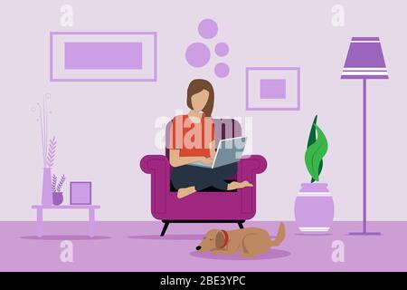 Girl sitting in an armchair at home and working on a laptop in a purple living room. Dog sleeping on the floor next to a girl. Concept of stay at home Stock Vector