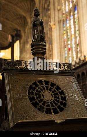 A historic music or book stand in front of the organ and choir stalls at King's College Chapel in Cambridge, England, United Kingdom. Stock Photo