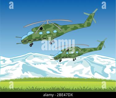 Combat helicopters flying to sky on mountain Stock Vector
