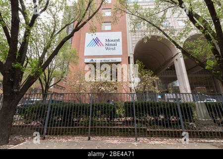 an entrance to the Mount Sinai West hospital in midtown west Manhattan in early Spring. Formerly Roosevelt Hospital, it merged with Mt. Sinai in 2013. Stock Photo