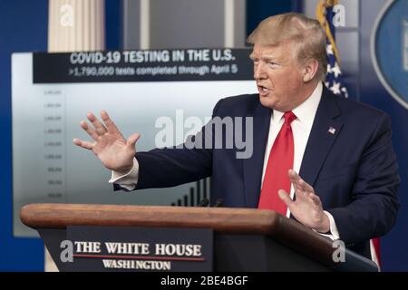 Washington, United States Of America. 06th Apr, 2020. President Donald J. Trump answers a reporterÕs question during a coronavirus update briefing Monday, April 6, 2020, in the James S. Brady Press Briefing Room of the White House. People: President Donald Trump Credit: Storms Media Group/Alamy Live News Stock Photo