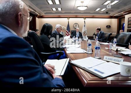 Washington, United States Of America. 09th Apr, 2020. Vice President Mike Pence meets with members of the White House Coronavirus Task Force Thursday, April 9, 2020, in the White House Situation Room. People: Vice President Mike Pence Credit: Storms Media Group/Alamy Live News Stock Photo
