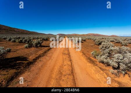 A long straight dirt track leading to the horizon through the desert in the Australian Outback Stock Photo