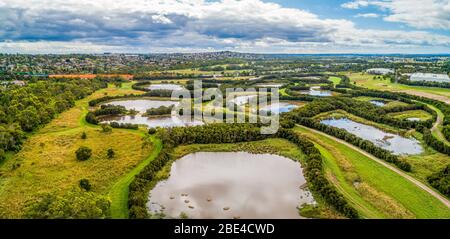 Tirhatuan Wetlands reserve - aerial panoramic landscape in Melbourne, Australia Stock Photo