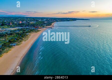 Aerial landscape of Frankston Yacht Club and the pier at sunset in Australia Stock Photo