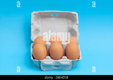 Six pack of eggs in open cardboard package against blue background with copy space Stock Photo