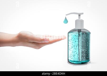 3d rendering sanitized gel in pump bottle with human hand open isolated on white Stock Photo