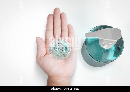 3d rendering sanitized gel in pump bottle with human hand open isolated on white Stock Photo