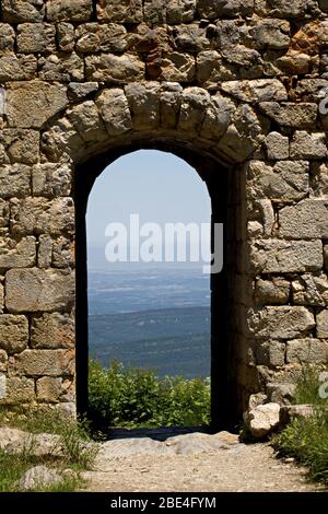 Archway in the wall of the castle at Montsegur in the Ariege regio of Southern France Stock Photo