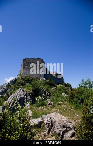 Looking up to Montsegur castle in the south of France Stock Photo