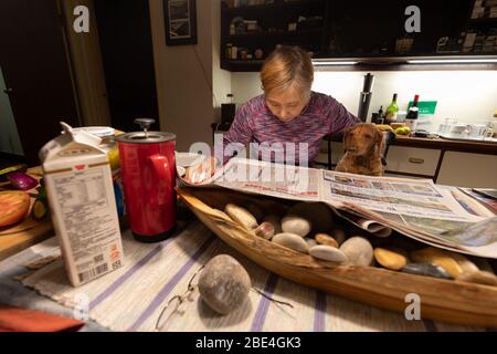 Life of a pet owner - Taiwanese / Chinese woman reading the morning paper with her dog at her side while having breakfast. Stock Photo