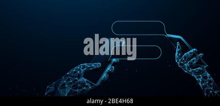 Hands holding phones with dialog speech bubbles. People texting messages via messenger using smartphone. Communication. Stay home. Social distancing Stock Vector