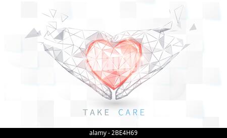 Hand holding red heart on white background. Take care symbol. Low poly vector Stock Vector