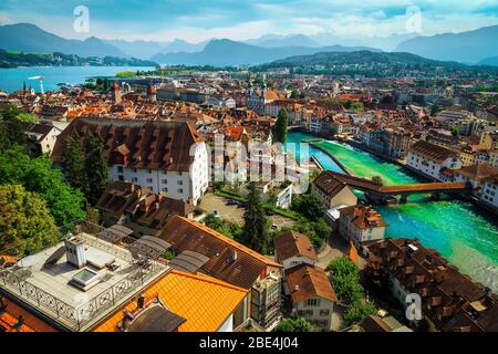Admirable panorama of Lucerne from the fortress bastion with old wooden bridge on the Reuss river, Luzern, Switzerland, Europe Stock Photo