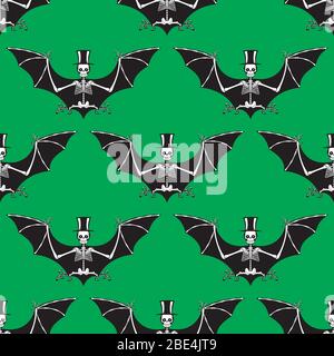 Seamless pattern of a vampire bat skeleton on a green background. Vector image Stock Vector