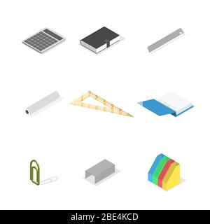 Set of icons isolated on white background, office and school. Flat 3d isometric style, vector illustration. Stock Vector