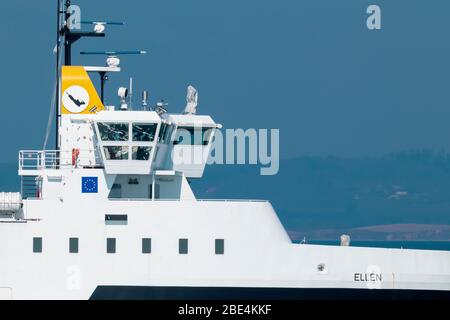 The 100 percent electric propelled domestic car and passenger ferry ELLEN passes Skjoldnæs on the northernmost tip of the Danish island Ærø. Stock Photo