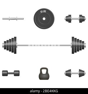 Set of 3D sports equipment items. Elements design for gym and fitness room. Front view, vector illustration. Stock Vector