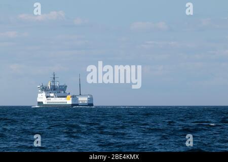 The 100 percent electric propelled domestic car and passenger ferry ELLEN passes Skjoldnæs on the northernmost tip of the Danish island Ærø. Stock Photo