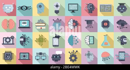 Machine learning icons set. Flat set of machine learning vector icons for web design Stock Vector