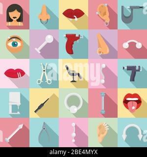 Piercing icons set. Flat set of piercing vector icons for web design Stock Vector