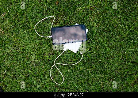 Mobile phone battery accumulator charging though usb cable from portable device, up view on green summer meadow Stock Photo