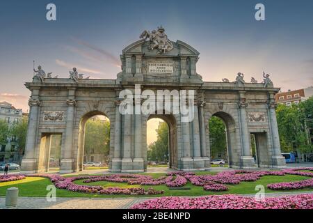 Sunset at the Puerta de Alcala in Madrid Stock Photo