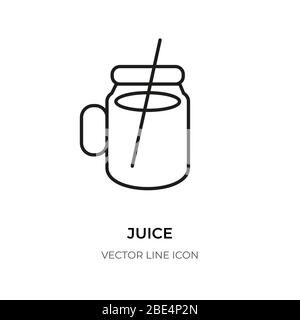 Black line juice icon. Empty design element fresh fruit drink. Pictogram linear glass jar wimith a straw. Logo frame template a fitness vitamin cocktail, healthy beverage. Isolated vector illustration Stock Vector