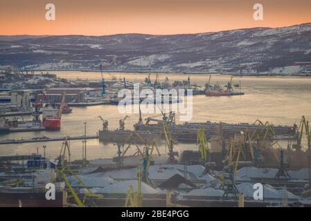 MURMANSK, RUSSIA - FEBRUARY 02, 2019: Murmansk port in February sunset Stock Photo