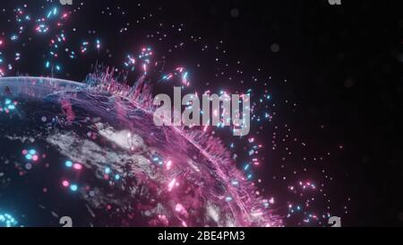 Abstract futuristic planet Earth surrounded by virtual elements. Dots and lines. Element of this image furnished by NASA. 3D rendering. Technology con Stock Photo