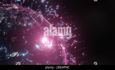 Abstract futuristic planet Earth surrounded by virtual elements. Dots and lines. Element of this image furnished by NASA. 3D rendering. Technology con Stock Photo