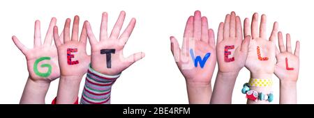 Children Hands Building Word Get Well, Isolated Background Stock Photo