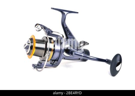 Inertial fishing reel for fishing rod isolated on white background Stock  Photo - Alamy