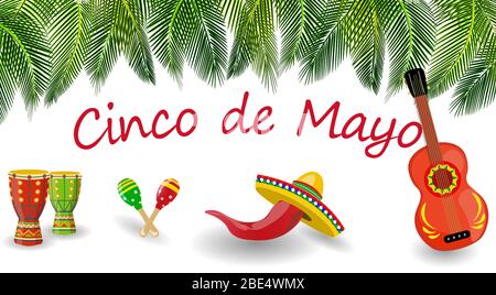 Celebration of Cinco de Mayo. Tropical palm leaves on top, guitar, maracas, drums, sombrero, pepper. Vector illustration Stock Vector