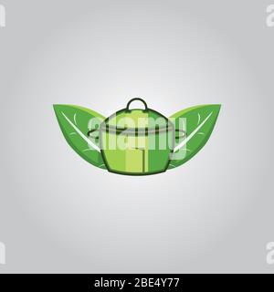 Pan, Jar or bowl and leaf healthy logo vector illustration Stock Vector