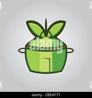 Pan, Jar or bowl and leaf healthy logo vector illustration Stock Vector