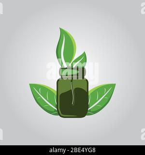 Pan, Jar or bowl and leaf healthy logo vector illustration Stock Vector