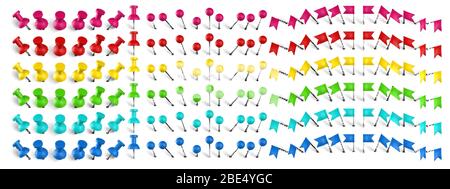 Colorful pushpin, pin flag and thumbtack. Color location mark pin, red flags and realistic pins vector set. Bright stationery items. Paperwork needles Stock Vector