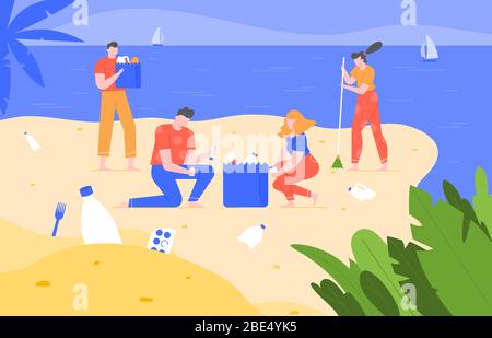 Beach cleaning. Cleansing polluted planet, ecology volunteering activity, people pick up trash on beach and removing garbage vector illustration. Eco Stock Vector