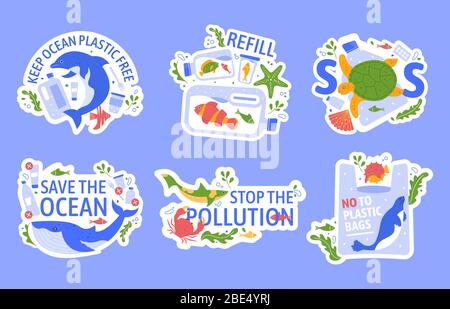 Ocean pollution with plastic. Protecting marine wildlife, eco problem creative concept. Turtle, dolphin and blue whale stuck in plastic ecological Stock Vector