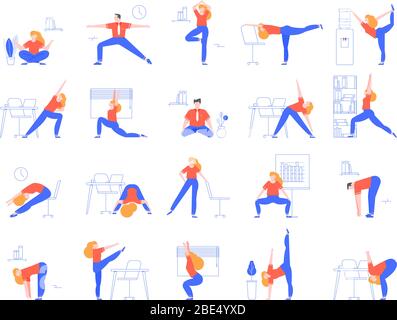 Office yoga exercises. Fitness and yoga workout for office workers, relaxing and stretching in office space vector illustration set. Warming up for Stock Vector