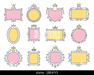 Princess crown mirror frame. Hand drawn doodle mirror with crown for ...