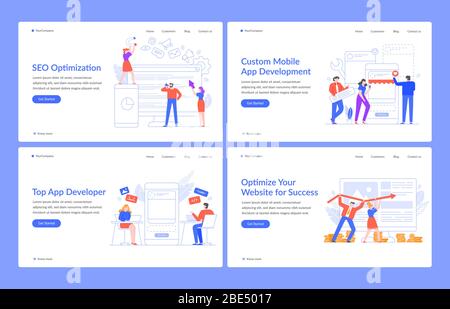 Innovative web concepts. Website solutions, SEO and mobile apps with modern people vector illustration landing page template. Program development and Stock Vector