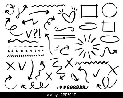 Sketch arrows and frames. Hand drawn arrow, doodle divider and circle, oval and square frame vector set. Collection of different abstract symbols Stock Vector